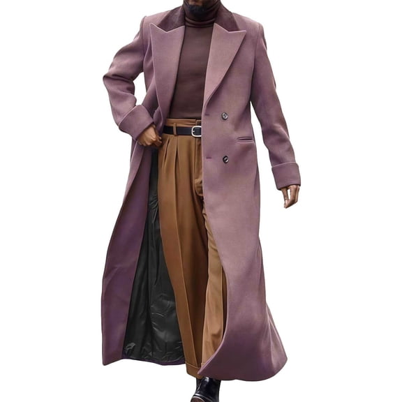LMOIPLI Man's Double Breasted Full Length Trench Coat Casual Notch Lapel Long Jacket Peacoat Fall Winter Fashion Long Jackets with Pocket Purple M