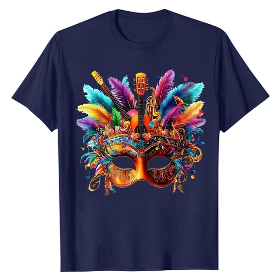 LMOIPLI Mardi Gras Shirt for Men Festival Mask Print Tops Casual Daily Wear Short Sleeve Crewneck Summer Tee Plus Size Dark Blue M