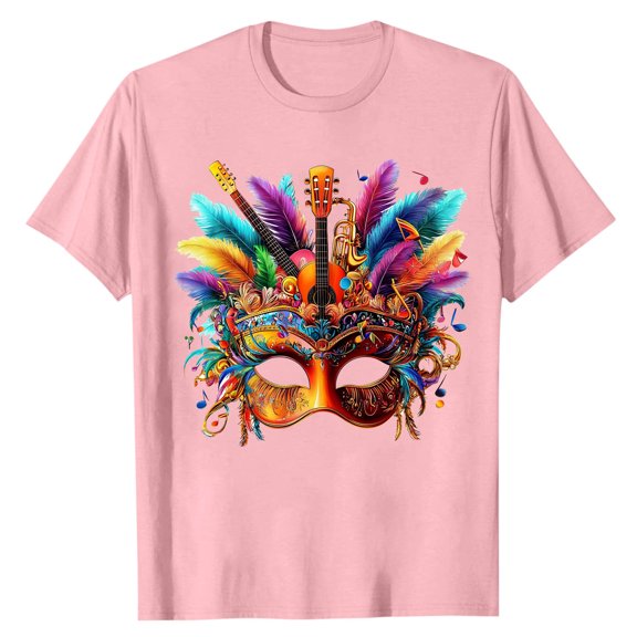 LMOIPLI Mardi Gras Shirt for Men Festival Mask Print Tops Casual Daily Wear Short Sleeve Crewneck Summer Tee Plus Size Pink M