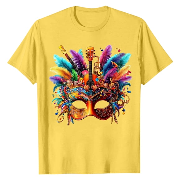 LMOIPLI Mardi Gras Shirt for Men Festival Mask Print Tops Casual Daily Wear Short Sleeve Crewneck Summer Tee Plus Size Yellow M
