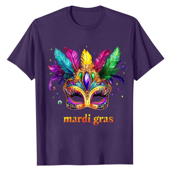 LMOIPLI Mardi Gras Shirt for Men Festival Mask Print Tops for Casual Daily Wear Crewneck Short Sleeve Summer Tee Plus Size Purple M