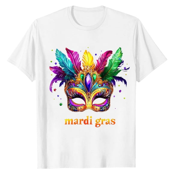LMOIPLI Mardi Gras Shirt for Men Festival Mask Print Tops for Casual Daily Wear Crewneck Short Sleeve Summer Tee Plus Size White M