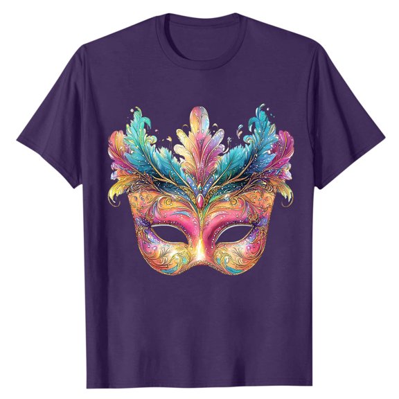 LMOIPLI Mardi Gras Shirt for Men Festival Mask Print Tops for Casual Daily Wear Short Sleeve Crewneck Summer Plus Size Tee Purple M
