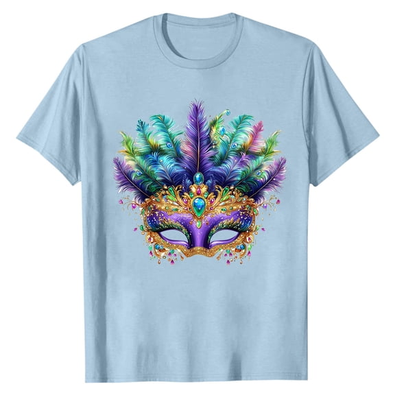 LMOIPLI Mardi Gras Shirt for Men Festival Mask Print Tops for Casual Daily Wear Short Sleeve Crewneck Summer Tee Plus Size Sky Blue M