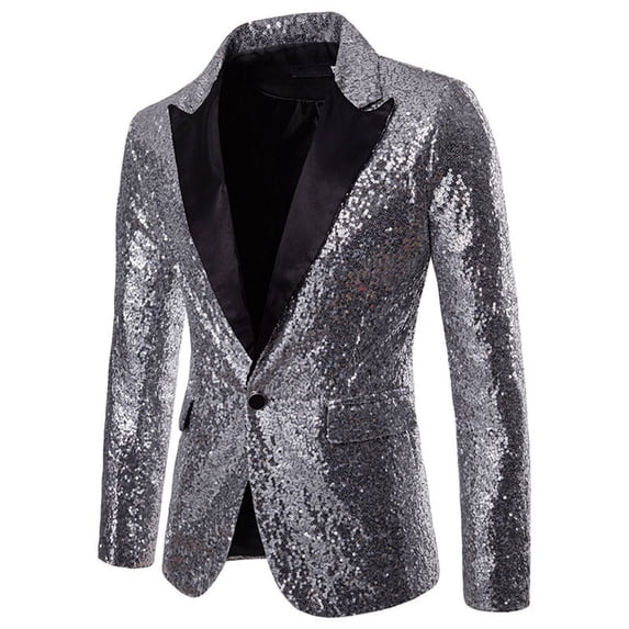 LMOIPLI Men Allover Sequined Shawl Lapel Single Button Tuxedo Blazer Stage Performance Party Sport Coat Silver XXXXL