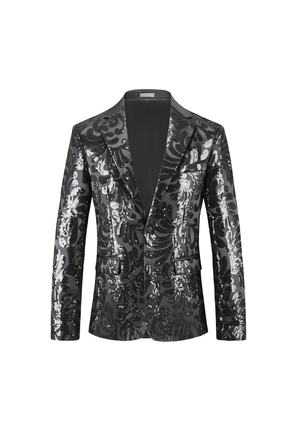 Men Baroque Floral Jacquard Sequined Shawl Lapel Blazer Single Button Formal Banquet Tuxedo Coat Black M
