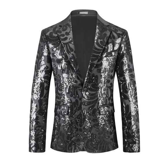 LMOIPLI Men Baroque Floral Jacquard Sequined Shawl Lapel Blazer Single Button Formal Banquet Tuxedo Coat Black XL
