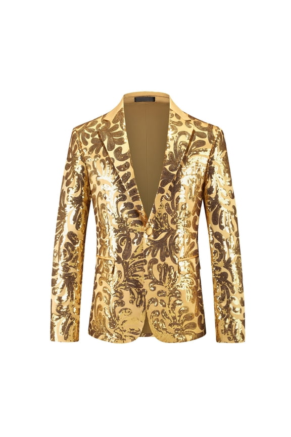 Men Baroque Floral Jacquard Sequined Shawl Lapel Blazer Single Button Formal Banquet Tuxedo Coat Gold M