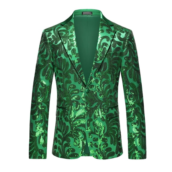 LMOIPLI Men Baroque Floral Jacquard Sequined Shawl Lapel Blazer Single Button Formal Banquet Tuxedo Coat Green M