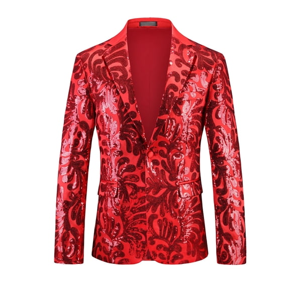 LMOIPLI Men Baroque Floral Jacquard Sequined Shawl Lapel Blazer Single Button Formal Banquet Tuxedo Coat Red L