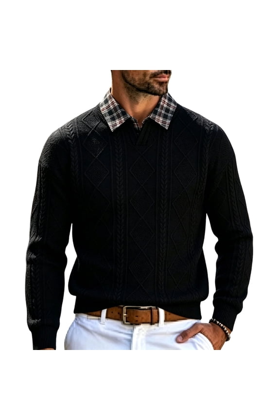 Men Fake Two Plaid Collar Cable Diamond Knit Sweater, Loose Fit Textured Long Sleeve Pullover for Business Daily Fall Wear Black S