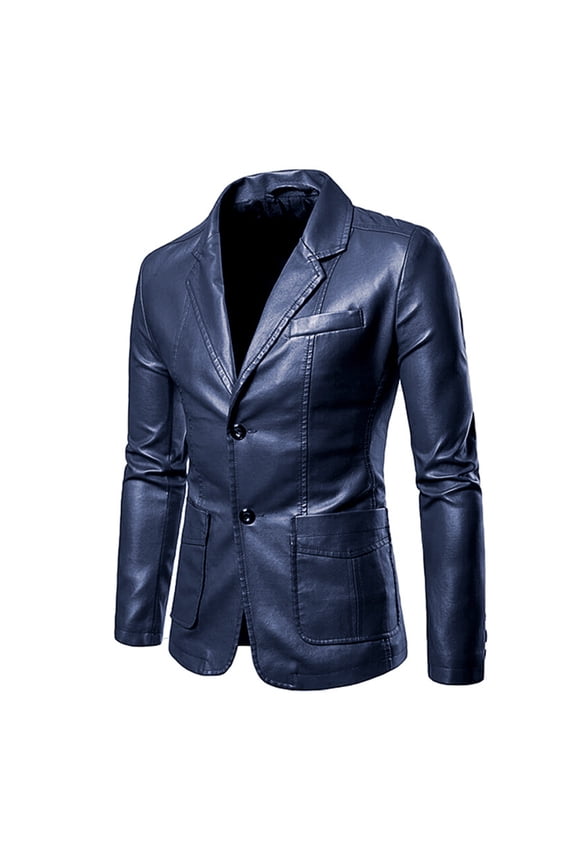 Men Faux Leather Notch Lapel Blazer Jacket Two Button Casual Daily Outdoor Sport Coat Dark Blue L