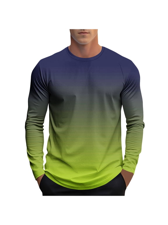 Men Gradient Ombre Raglan Crewneck Long Sleeve T Shirt, Slim Stretch Soft Knit Casual Pullover Street Top Green M