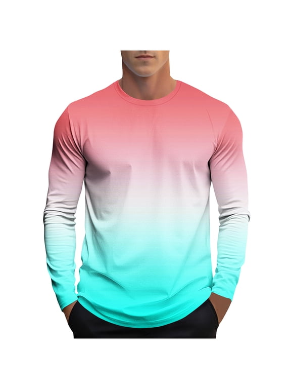 Men Gradient Ombre Raglan Crewneck Long Sleeve T Shirt, Slim Stretch Soft Knit Casual Pullover Street Top Watermelon Red M