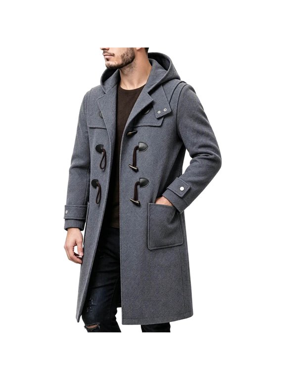 Men Hooded Long Duffle Coat Wool Blend Toggle Buttons Windproof Warm Outer Jacket Winter Street Outerwear Dark Gray M
