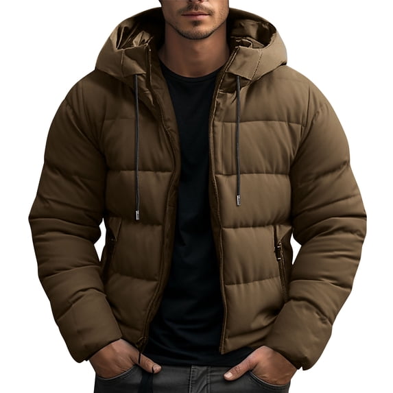 LMOIPLI Men Hooded Quilted Puffer Jacket Thick Warm Zip Up Wind Resistant Outerwear for Cold Winter Daily Outdoor Walking Brown XXL