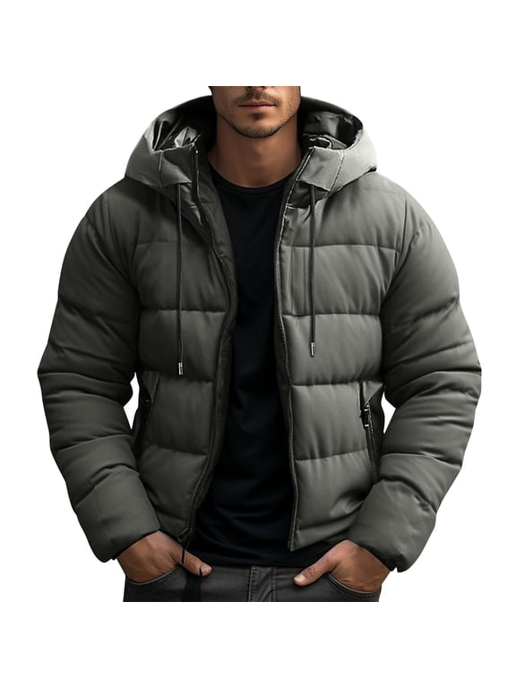 Men Hooded Quilted Puffer Jacket Thick Warm Zip Up Wind Resistant Outerwear for Cold Winter Daily Outdoor Walking Dark Gray S