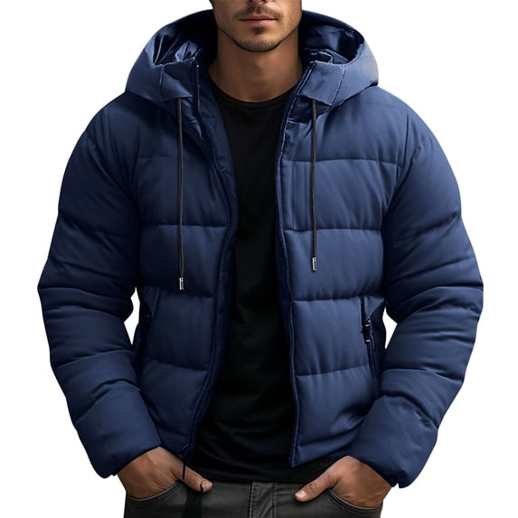 LMOIPLI Men Hooded Quilted Puffer Jacket Thick Warm Zip Up Wind Resistant Outerwear for Cold Winter Daily Outdoor Walking Navy S