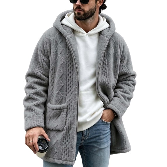 Mid Guy LMOIPLI Men Hooded Sherpa Lined Mid Length Coat Cable Texture Warm ...