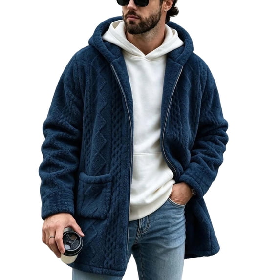 Mid Guy LMOIPLI Men Hooded Sherpa Lined Mid Length Coat Cable Texture Warm ...