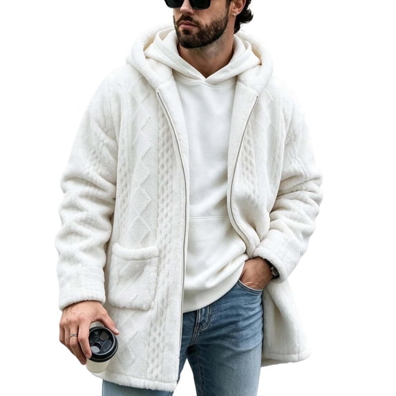LMOIPLI Men Hooded Sherpa Lined Mid Length Coat Cable Texture Warm ...