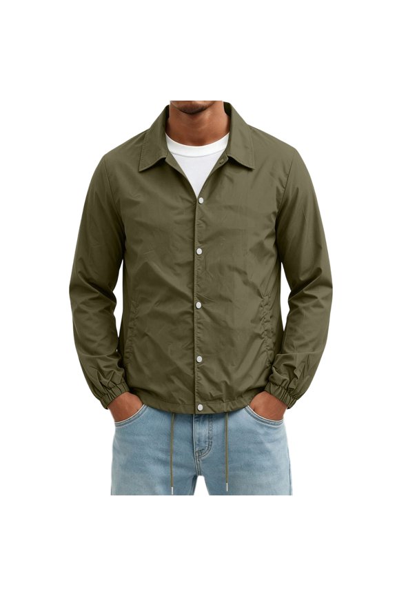 Men Lapel Collar Snap Button Jacket Drawstring Hem Lightweight Wind Resistant Casual Outerwear for Spring Fall Daily Street Campus Travel Walking Army Green S