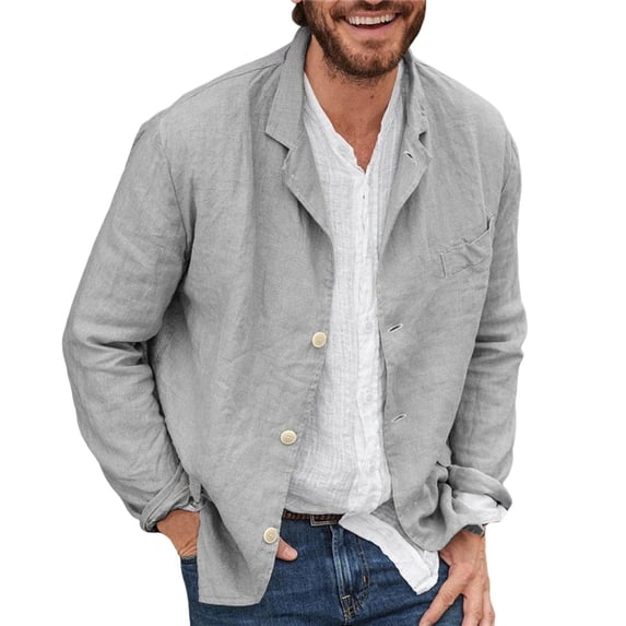 LMOIPLI Men Linen Notch Lapel Casual Blazer Jacket Single Button Lightweight Coat for Daily Vacation Outdoor Wear Gray XXXL