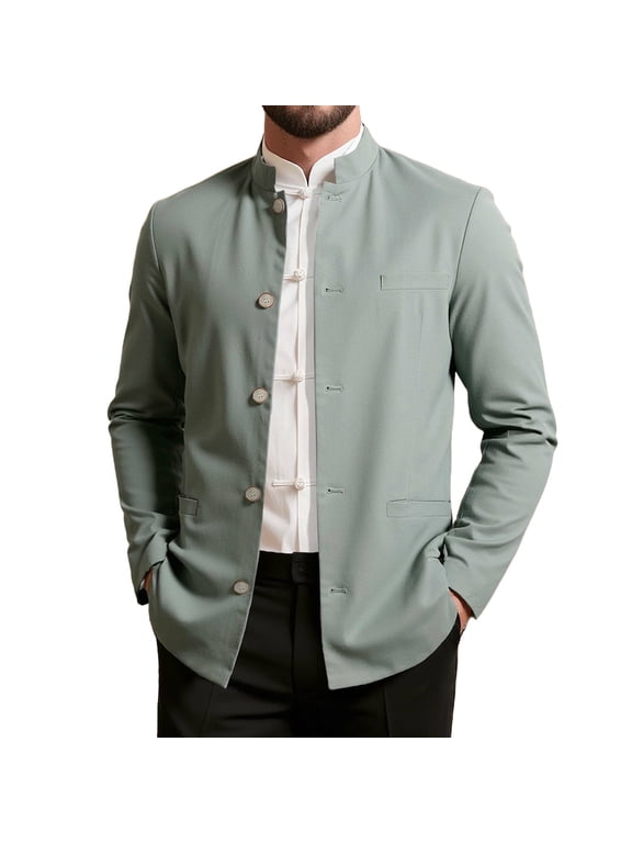 Men Mandarin Collar Frog Button Casual Blazer Jacket Stand Collar Traditional Style Daily Sport Coat Army Green S