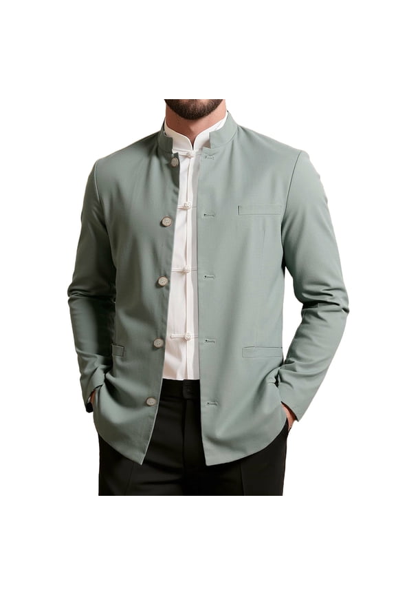 Men Mandarin Collar Frog Button Casual Blazer Jacket Stand Collar Traditional Style Daily Sport Coat Army Green XXS