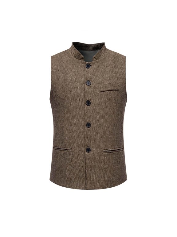 Men Mandarin Collar Tweed Single Breasted Waistcoat Stand Neck Casual Formal Layer Vest for Daily Party Coffee XL