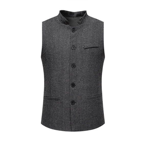 LMOIPLI Men Mandarin Collar Tweed Single Breasted Waistcoat Stand Neck Casual Formal Layer Vest for Daily Party Dark Gray M