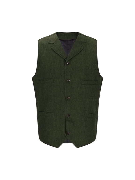 Men Notch Collar Tweed Single Breasted Waistcoat Five Button Vintage Casual Formal Vest Army Green M