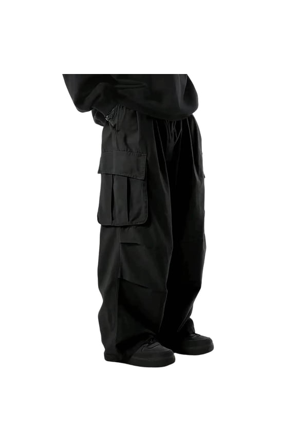 Men Oversized Patch Pocket Wide Leg Cargo Pants Baggy Loose Street Fashion Casual Trousers Black XXXXXL