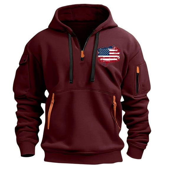 LMOIPLI Men Quarter Zip Hoodies Sweatshirt Spring and Fall Printed Pullover Vintage Long Sleeve Casual Athletic Sweatshirts with Pocket Wine XXL