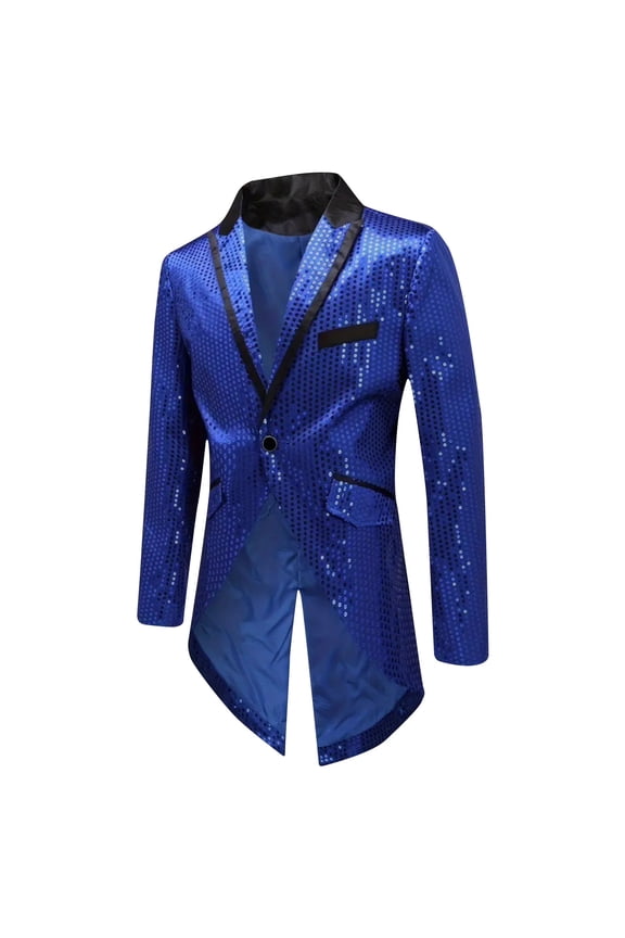 Men Sequined Satin Trim Tailcoat Blazer Single Button Irregular Hem Formal Magic Show Party Coat Blue XXL