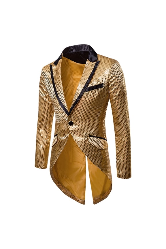 Men Sequined Satin Trim Tailcoat Blazer Single Button Irregular Hem Formal Magic Show Party Coat Gold L