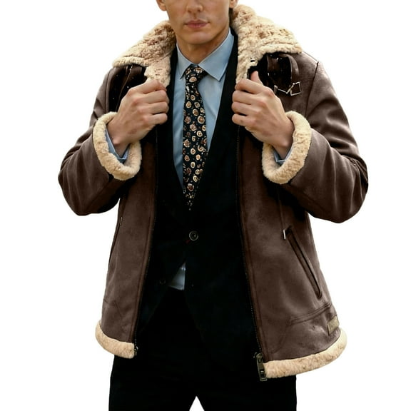 LMOIPLI Men Shearling Faux Sheepskin Leather Coats Thicken Warm Winter Zip Up Casual Jacket Solid Color Long Sleeved Zipper Coats Brown XXXXXL