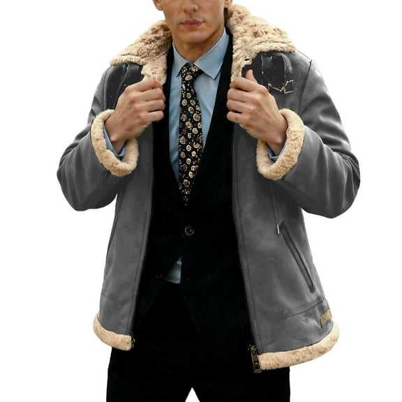 LMOIPLI Men Shearling Faux Sheepskin Leather Coats Thicken Warm Winter Zip Up Casual Jacket Solid Color Long Sleeved Zipper Coats Gray L