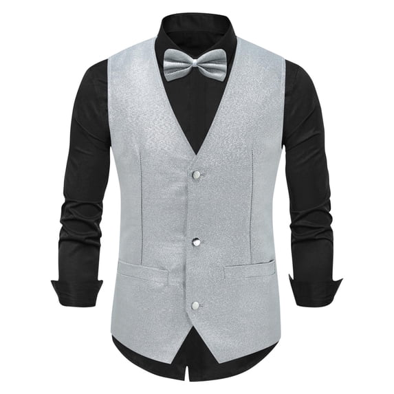 LMOIPLI Men Shiny Fabric V Neck Single Breasted Formal Waistcoat Wedding Banquet Party Layer Vest Silver S