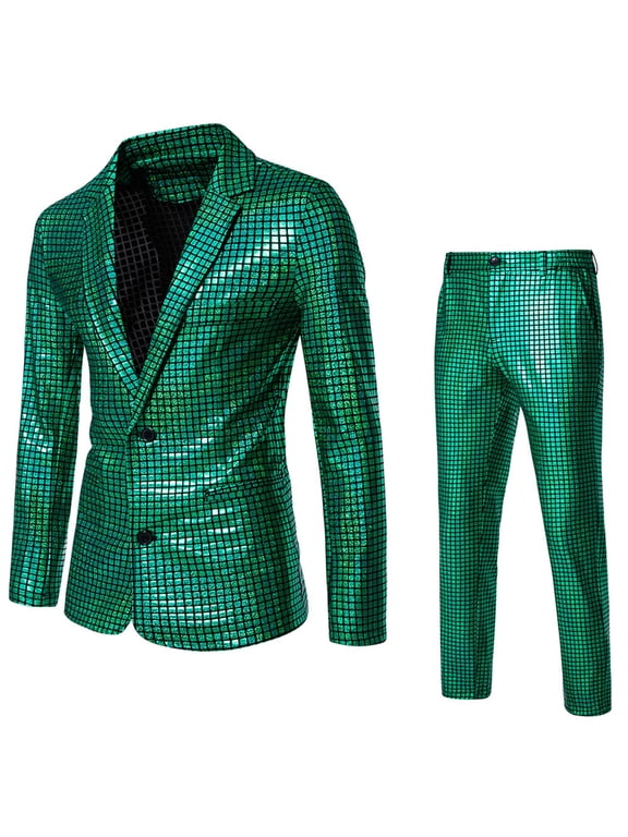Men Shiny Grid Pattern Two Piece Suit Set Notch Lapel Blazer & Slim Fit Dress Pants for Stage Party Green L