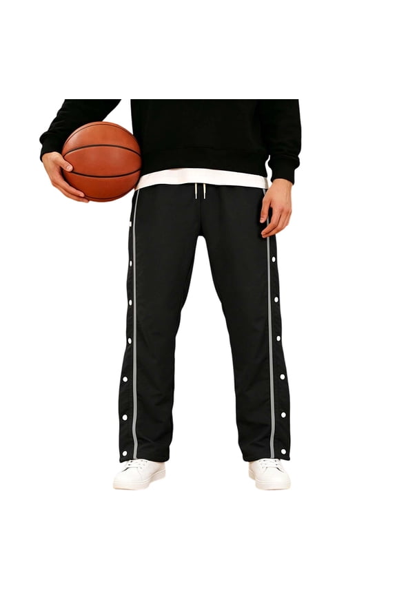 Men Side Snap Button Track Pants Drawstring Straight Leg Athletic Basketball Casual Workout Trousers Black S