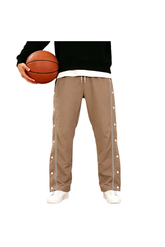 Men Side Snap Button Track Pants Drawstring Straight Leg Athletic Basketball Casual Workout Trousers Coffee S