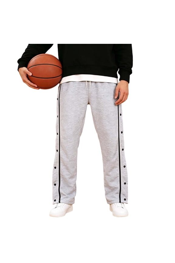 Men Side Snap Button Track Pants Drawstring Straight Leg Athletic Basketball Casual Workout Trousers Gray XXXL