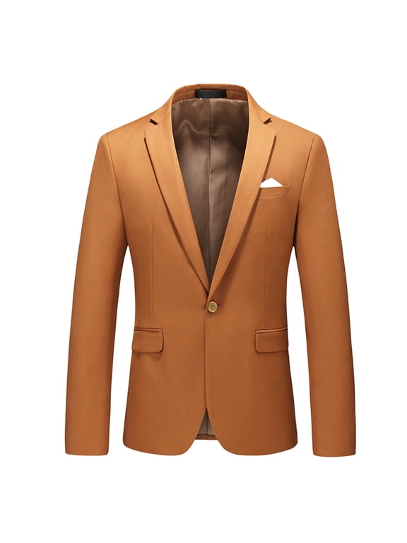 Men Solid Color Notch Lapel Single Button Blazer Jacket Multi Shade Formal Business Casual Sport Coat Gold XXS