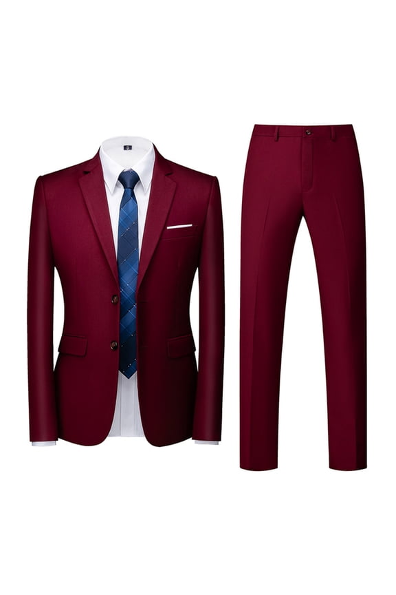 Men Solid Notch Lapel Two Button Two Piece Suit Business Wedding Interview Sport Coat Set Wine XL
