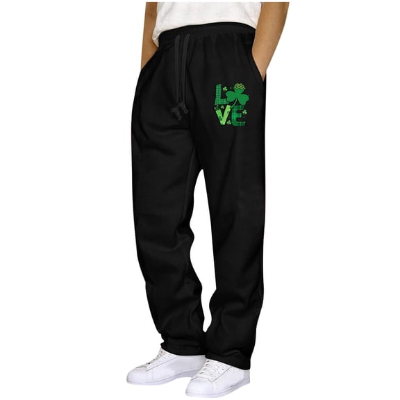 LMOIPLI Men St. Patrick's Day Print Casual Sweatpants Open Bottom Drawstring Joggers Shamrock Elastic Waist Pants Casual Workout Trouser Black XXXL