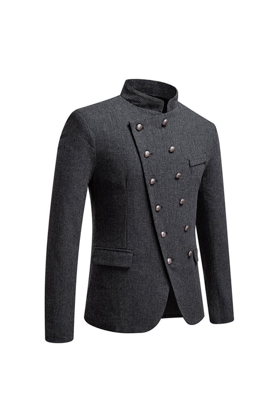 Men Stand Collar Tweed Asymmetric Double Breasted Blazer Vintage Casual Formal Sport Coat Black XXL