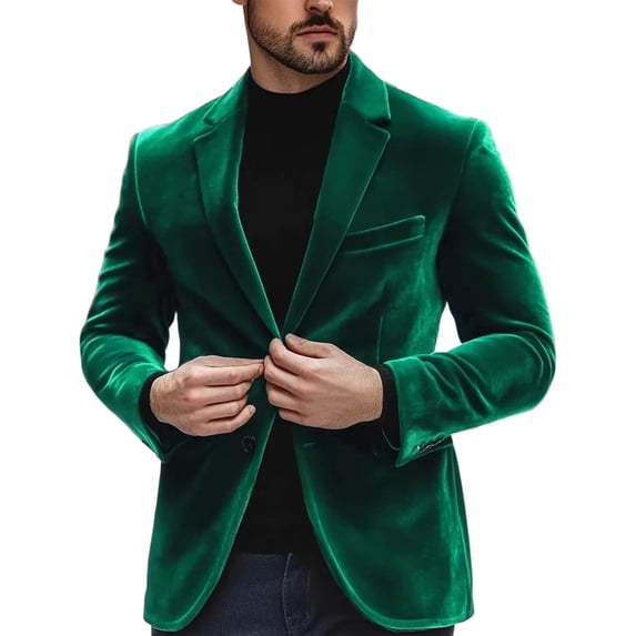 LMOIPLI Men Thick Plush Velvet Notch Lapel Two Button Blazer Fall Winter Date Banquet Casual Sport Coat Green S