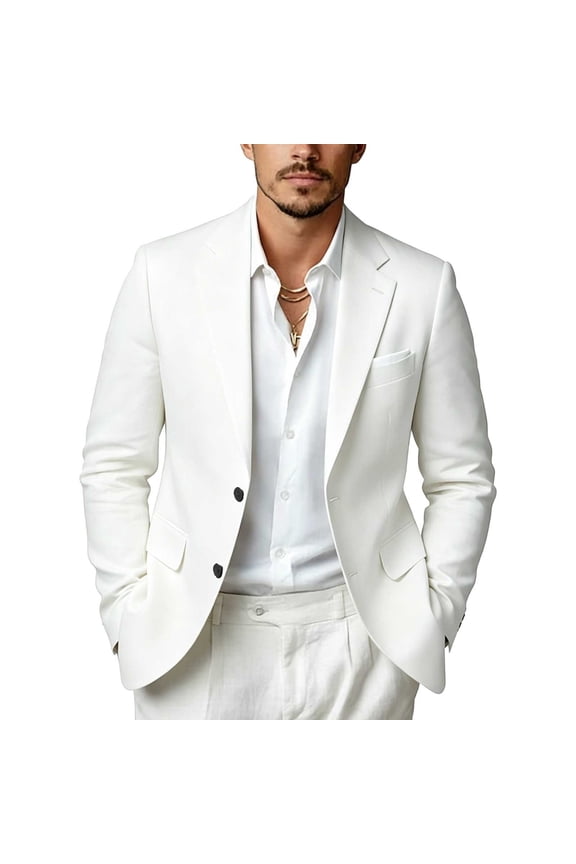 Men Two Button Notch Lapel Linen Blend Blazer Lightweight Casual Wedding Vacation Sport Coat White M