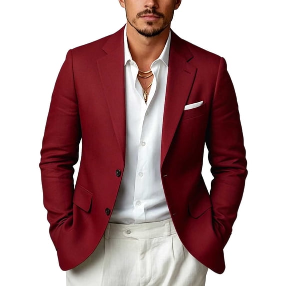 LMOIPLI Men Two Button Notch Lapel Linen Blend Blazer Lightweight Casual Wedding Vacation Sport Coat Wine XS